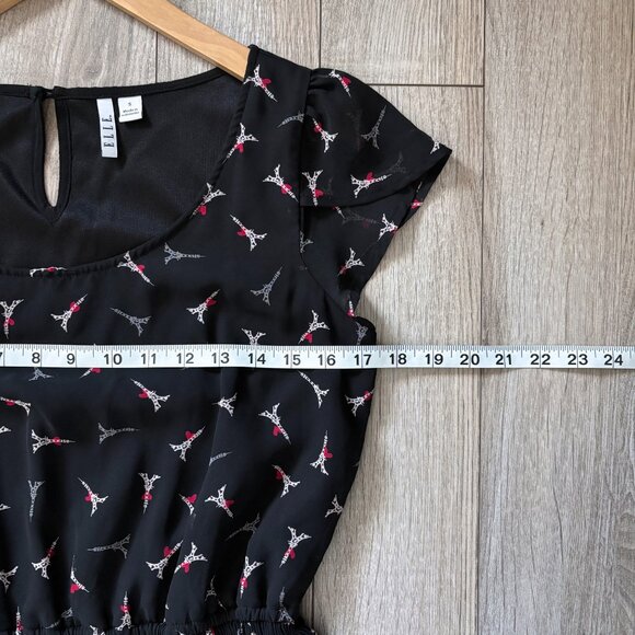 Elle Eiffel Tower Heart Print Black Pleated Mini Dress Womens Small Paris Retro - Picture 12 of 15